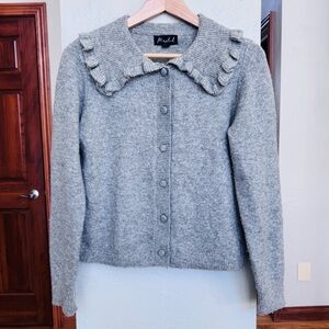 Marled Gray Button-Up Cardigan with Ruffled Collar
